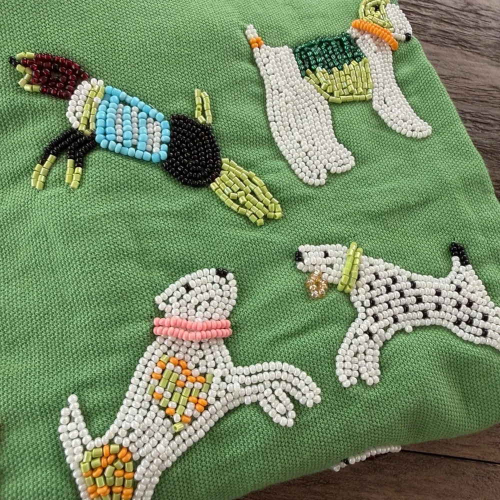 Saint Austin Green Beaded Dog Tea Towel Hand Embroidered Kitchen Decor 18x24‎
